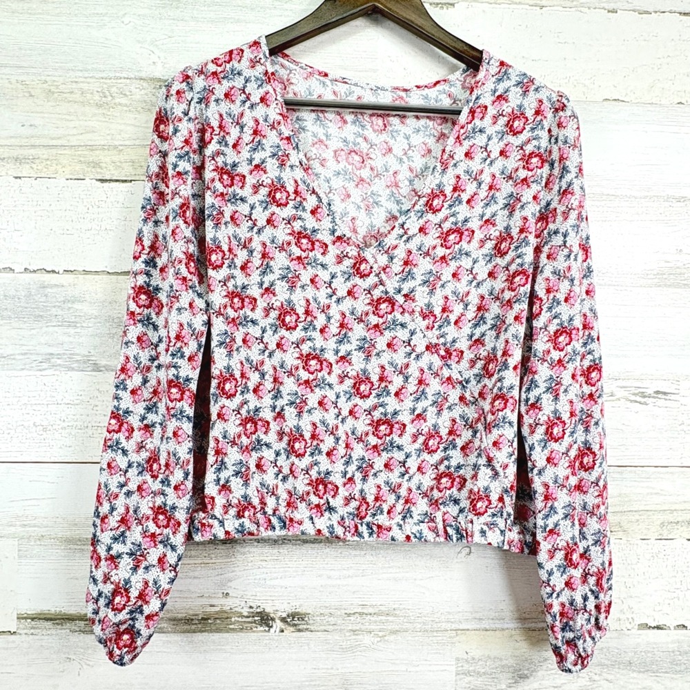 LOFT Petites Floral Print V Neck Long Balloon Sleeve Cropped Blouse Top Size MP